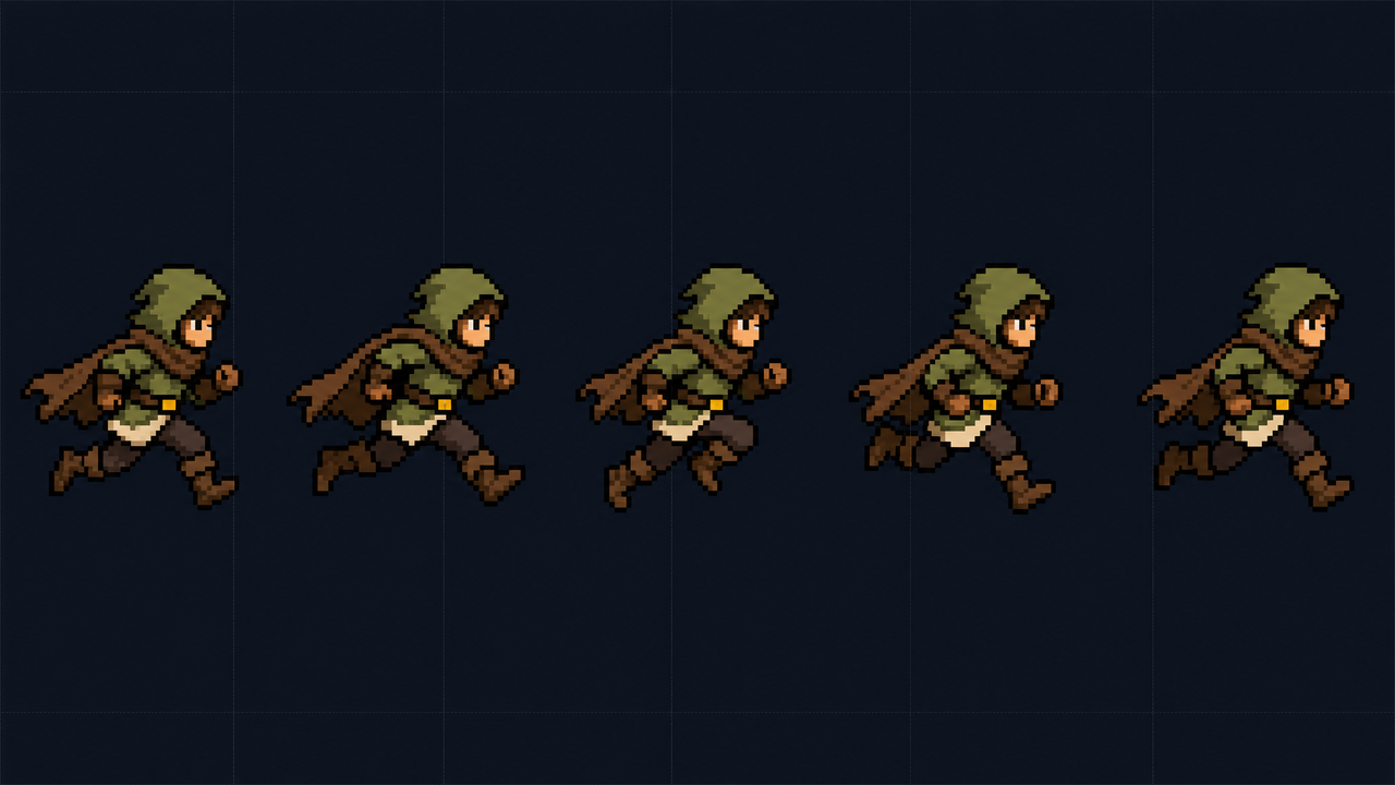 A row of five pixel-art animation frames showing one original character in a run cycle, like a sprite-sheet row