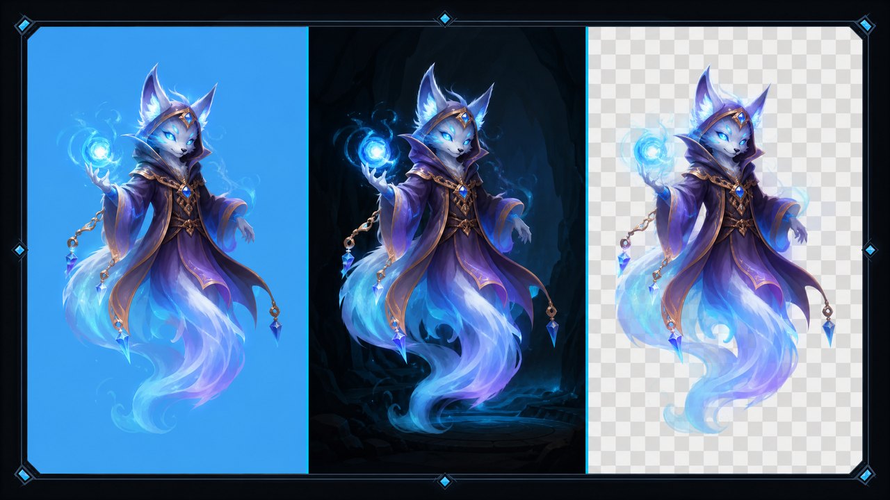A soft-shaded glowing fox-spirit mage shown over three panels — blue sky, dark cave, and transparency — with clean edges on each.