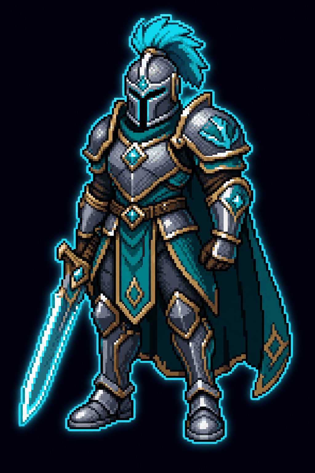 Tall pixel-art portrait of an original armored fantasy knight with a cyan-plumed helm and glowing sword on a dark background.