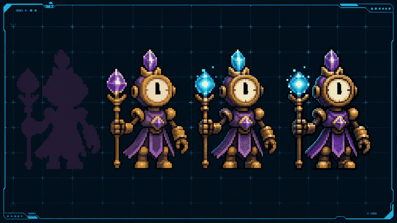 Pixel-art sprite-sheet strip of an original robot mage shown in stages from raw silhouette to a fully hand-shaded finished sprite.