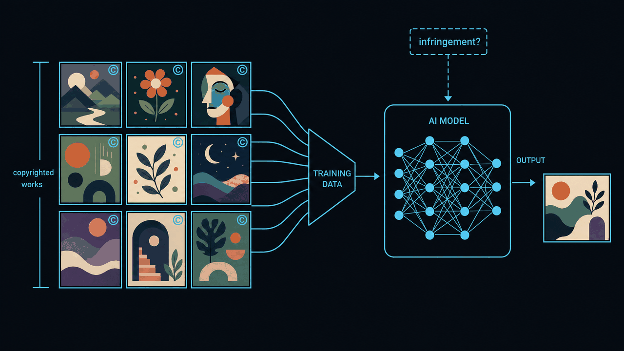 Dark technical diagram with cyan lines showing a grid of nine original copyrighted-artwork thumbnails funneling into a central AI model box, then producing a single generated output, with a dashed question-mark callout labeled infringement.