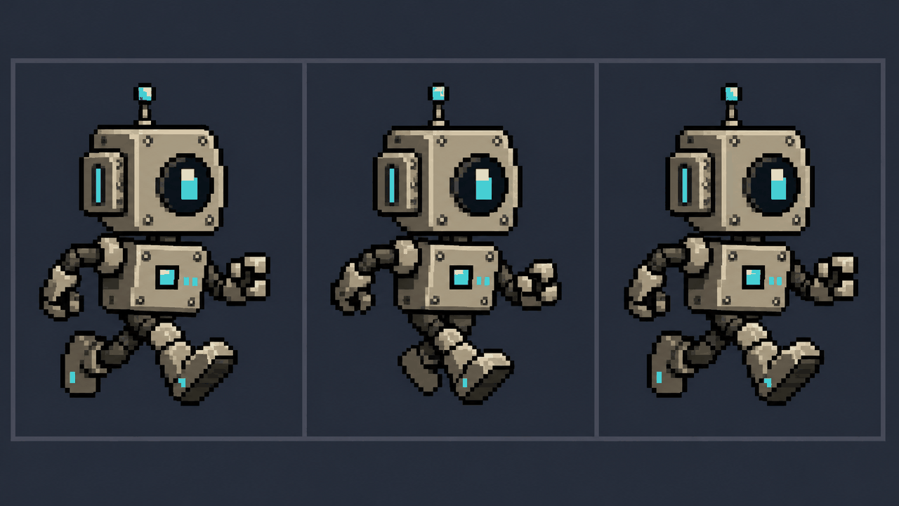 A pixel-art sprite strip of a small original robot droid in a three-frame run cycle on a dark background.