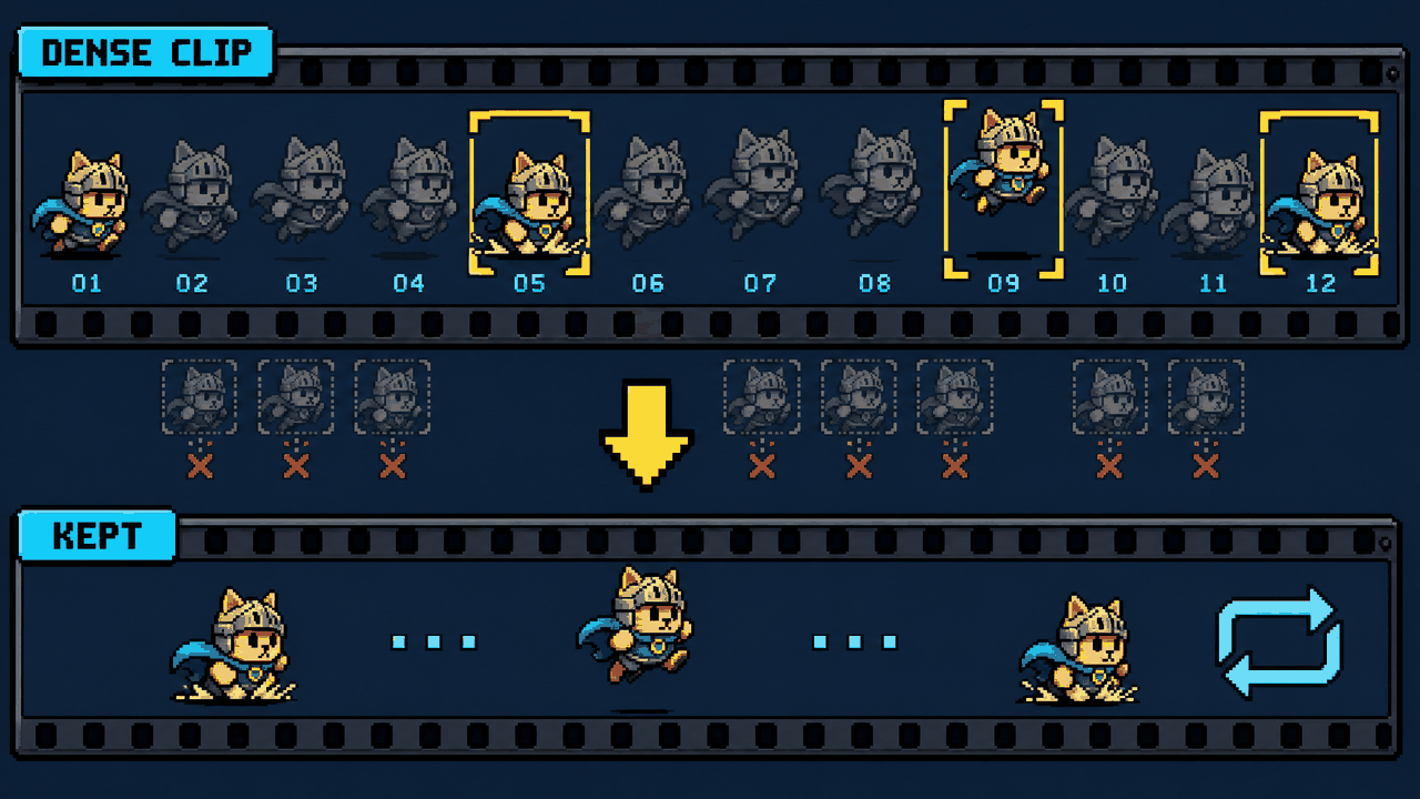 Pixel-art comparison of two film strips: a dense top strip of many nearly identical jumping-creature frames with three poses boxed and highlighted, and a bottom strip keeping only those three evenly spaced poses as a clean loop.