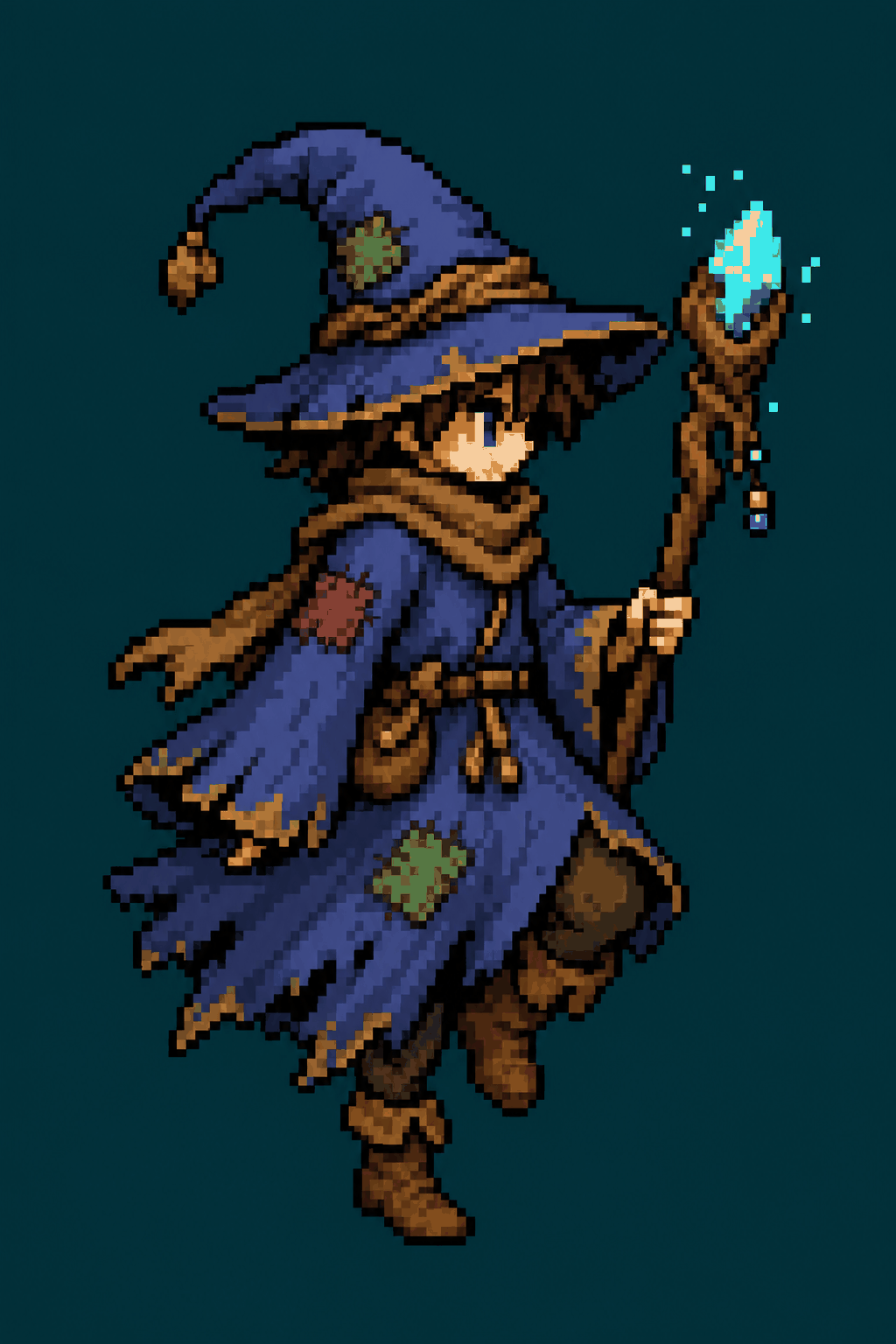 A tall pixel-art sprite of an original wizard character in the passing pose of a walk cycle.