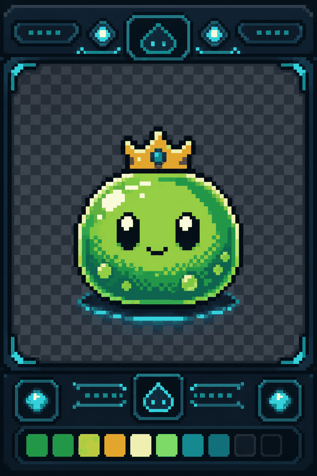 Original chunky pixel-art green slime character with a tiny crown on a transparency checkerboard, drawn in a tiny flat color palette.