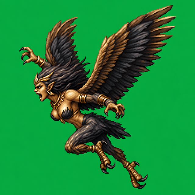An original winged-harpy character sprite generated on a flat chroma-green background, ready to animate into a clip