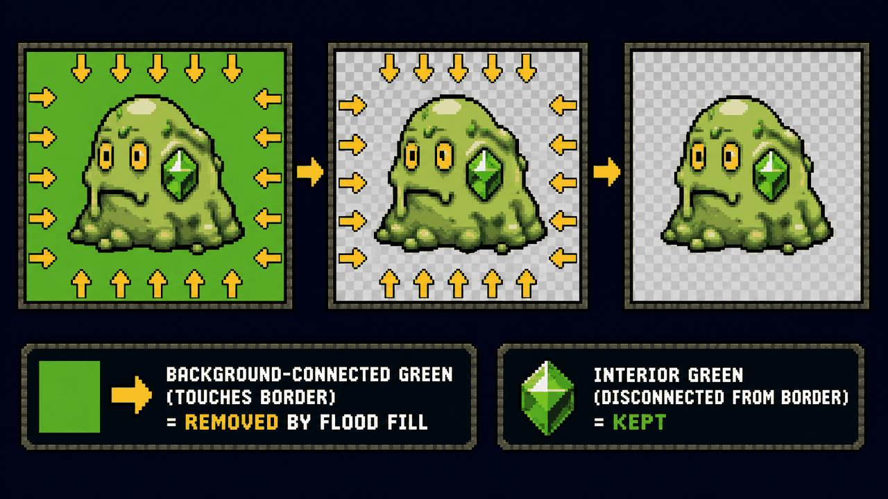 Pixel-art diagram showing flood-fill removing green from the frame edges while an interior green gem on a slime is kept.