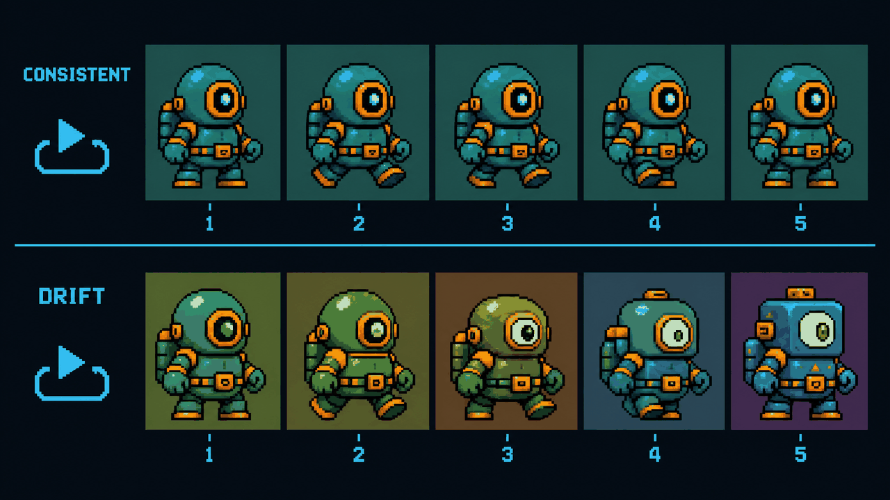 Two rows of pixel-art robot sprite frames on a dark cyan-lined panel; the top row labeled consistent keeps the same design, the bottom row labeled drift shows the same robot warping in shape and color across frames.