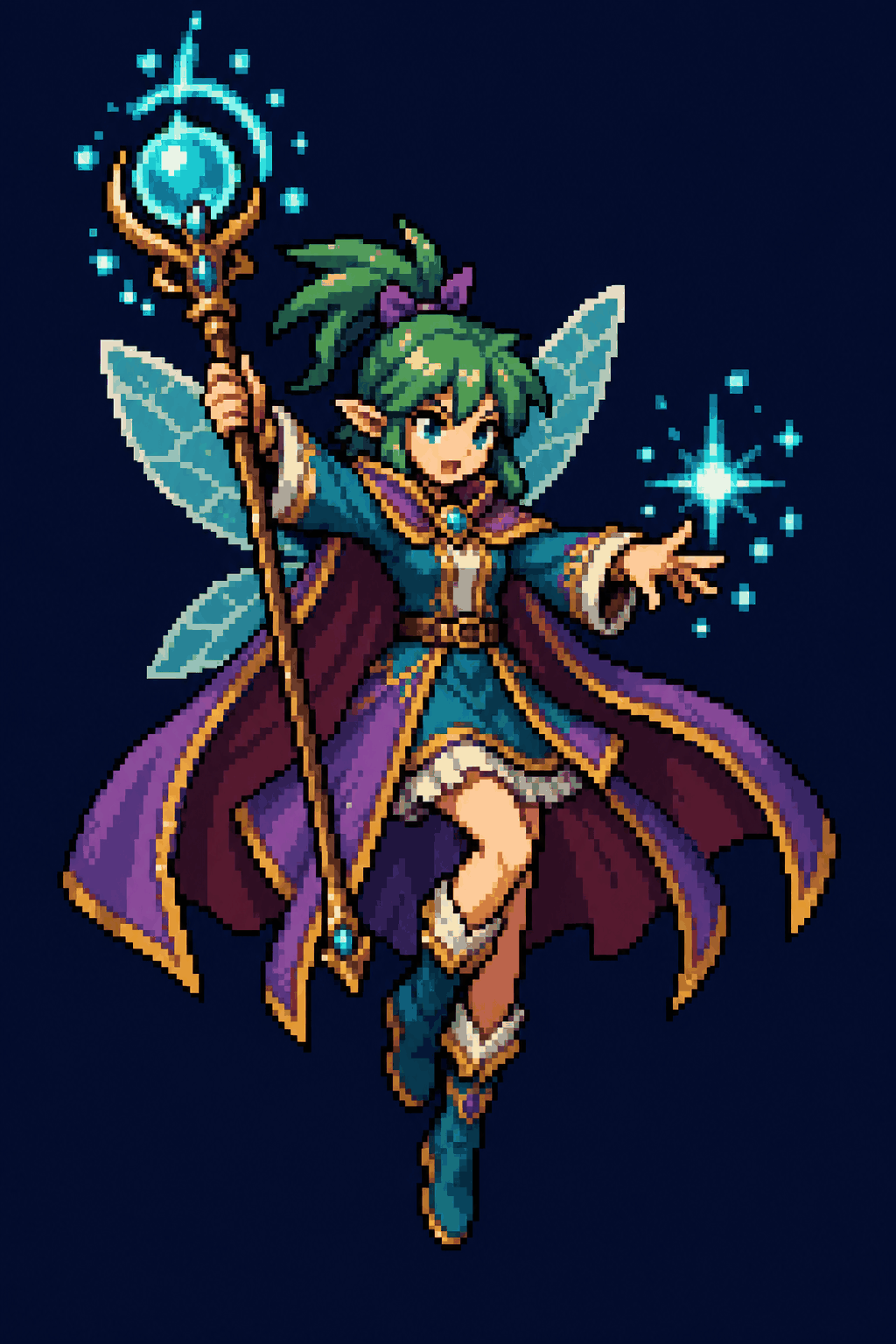 Tall pixel-art fairy mage sprite mid-cast with a glowing cyan staff on a dark background.