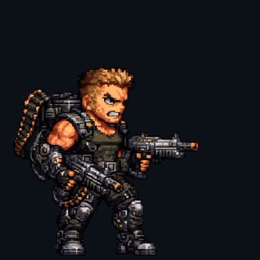 An 8-frame attack animation of an original commando sprite, previewed as a GIF; each frame becomes one numbered PNG in the exported sequence