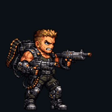 An original commando sprite firing in a loop with bright muzzle flashes, the kind of bright effect that shimmers most in AI video