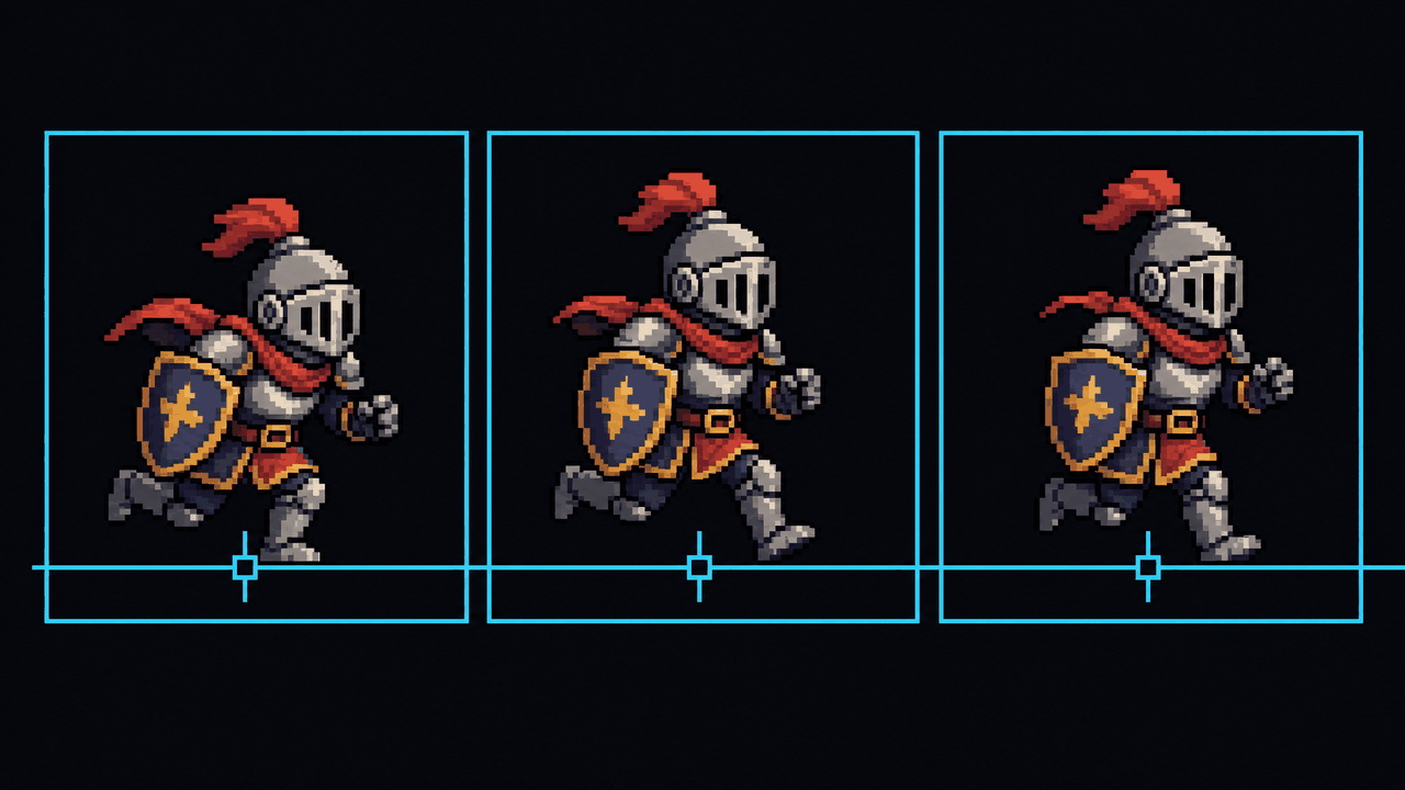Pixel-art diagram of a knight in three cells with a cyan bottom-center pivot marker and a shared baseline through the feet.