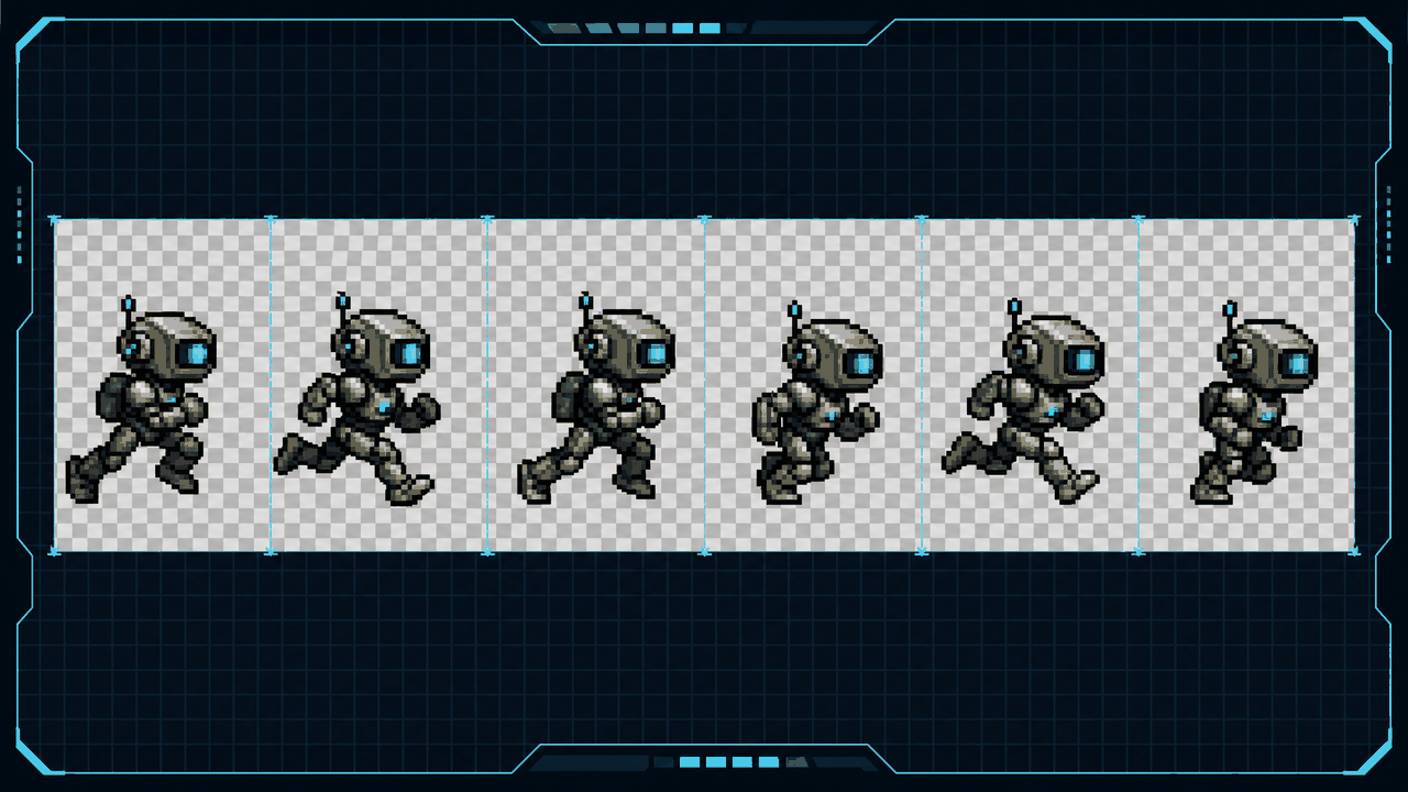 Original pixel-art sprite sheet strip showing a small armored robot droid through several frames of a running animation on a transparency grid.