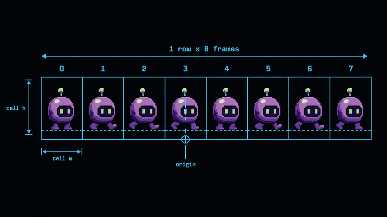 Dark technical diagram of a one-row sprite strip split into eight equal cells holding a pixel-art walk loop, with cyan frame numbers, width and height dimension arrows, a shared baseline, and a bottom-center origin marker.
