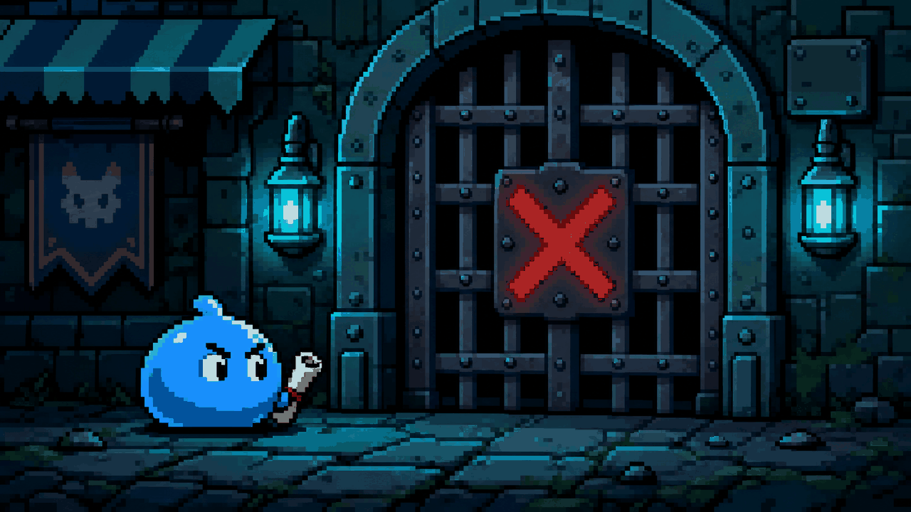 Pixel-art blue slime character standing before a closed gate marked with a red rejection X, in dark teal and cyan tones.