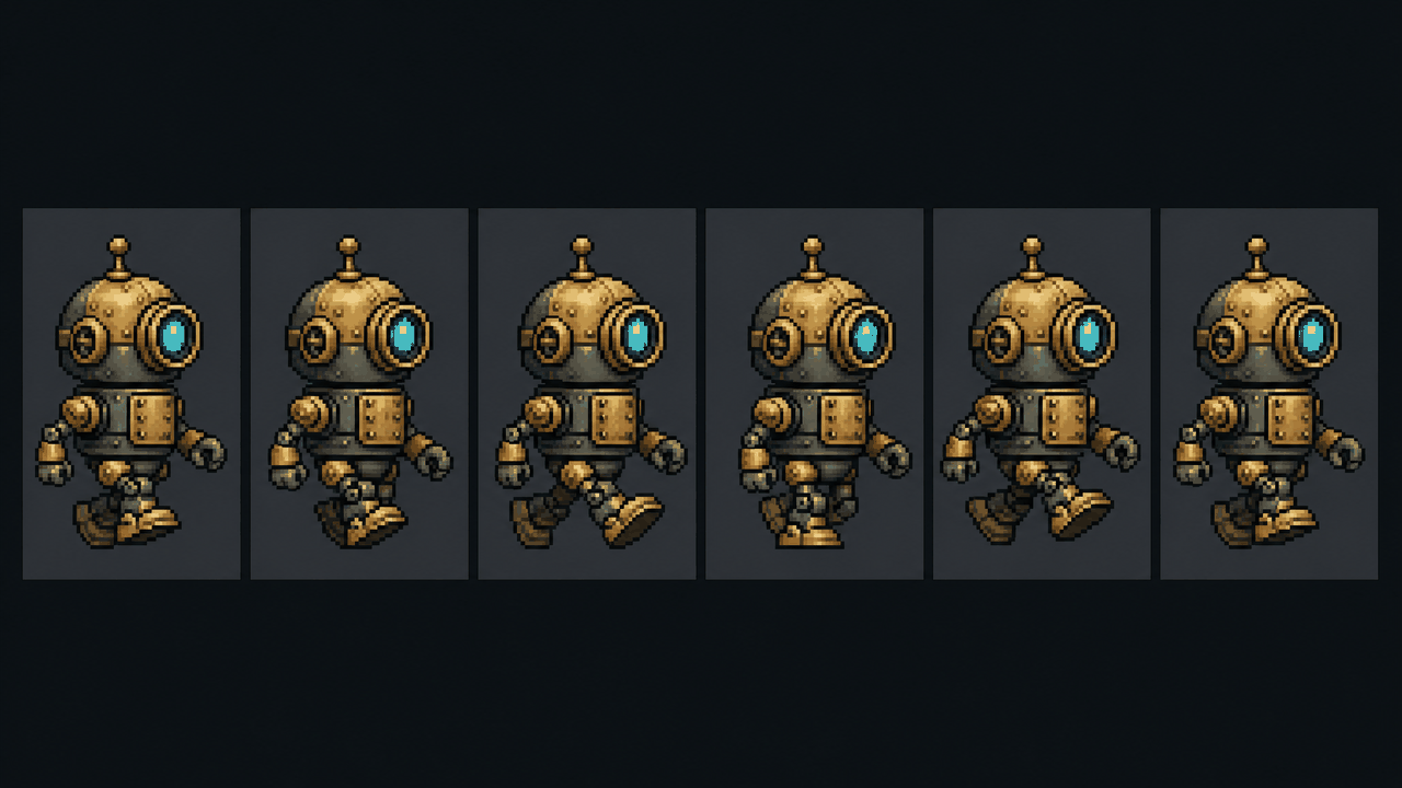 Pixel-art sprite sheet strip of six walk-cycle frames of an original brass robot droid with a glowing cyan eye on a dark background.