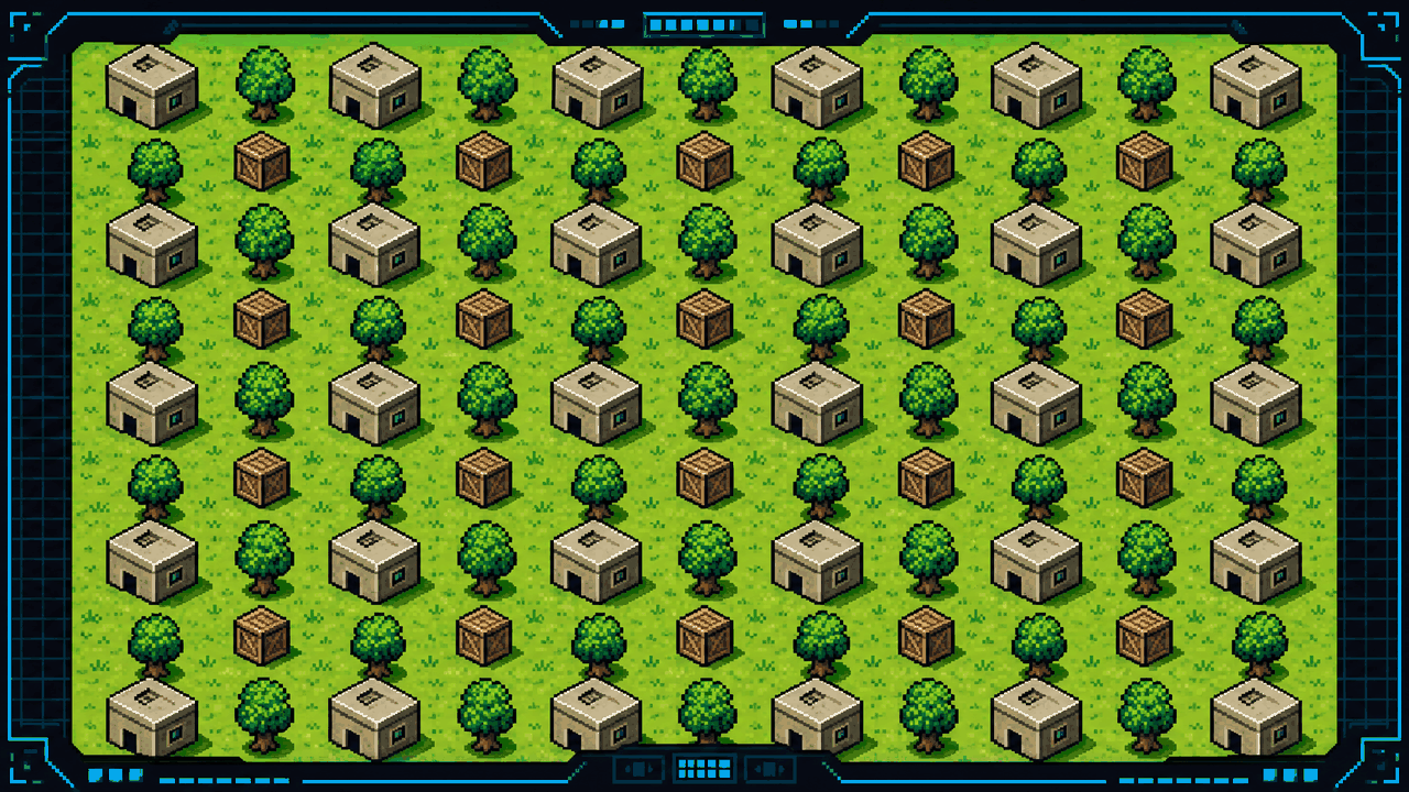 Pixel-art isometric scene of identical crates, trees and buildings duplicated in a grid across empty grassland, illustrating a copy-pasted asset flip.