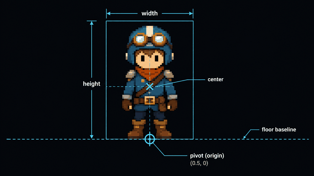 Technical diagram on a dark background showing a single original pixel-art biped inside a cyan bounding box, with a cyan crosshair pivot marker at bottom-center on a dashed floor baseline, labeled as the origin or anchor at normalized coordinates (0.5, 0).