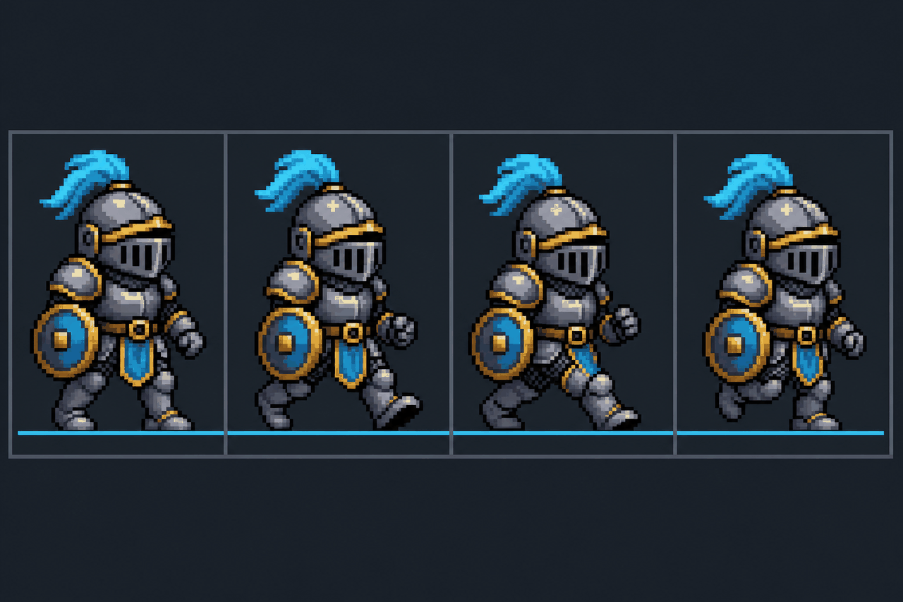 A four-frame walk-cycle strip of an original pixel-art knight in uniform cells, all bottom-aligned to one baseline.
