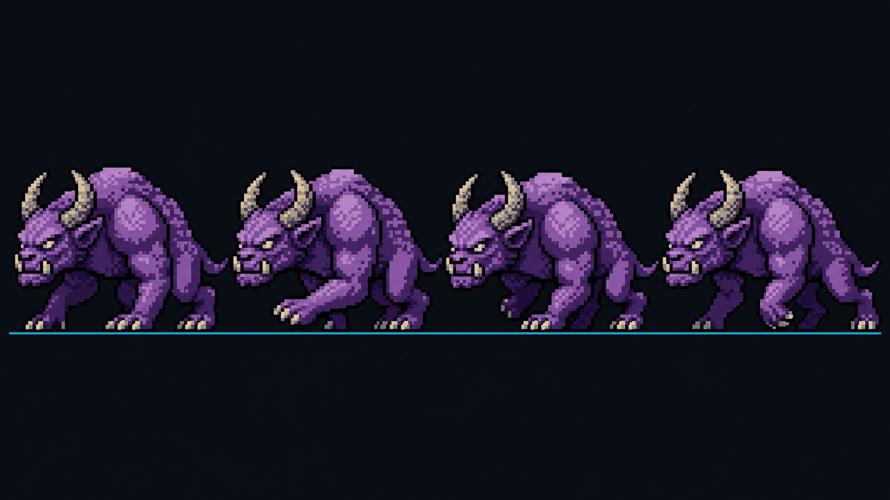 A four-frame walk-cycle strip of an original horned beast, each frame bottom-aligned on a shared baseline.