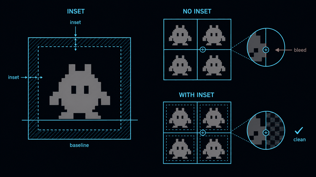 Technical diagram showing a square sprite frame with a labeled inset border around a centered critter on a baseline, beside two atlas grids comparing edge sampling that bleeds in a neighbor without inset versus clean transparent sampling with inset.