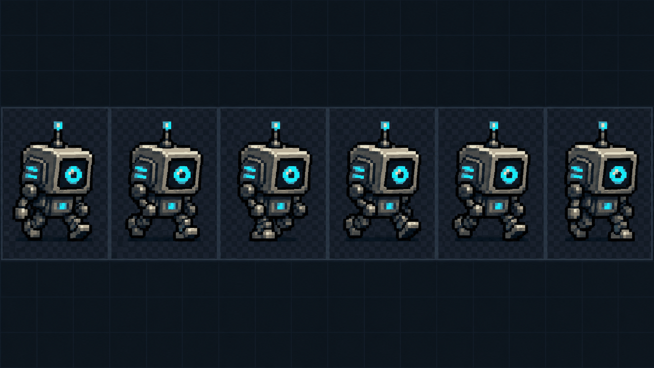 A pixel-art sprite sheet of an original robot droid laid out in an even grid of same-size cells.
